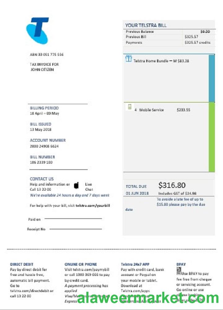 Australia Telstra telecommunications utility bill